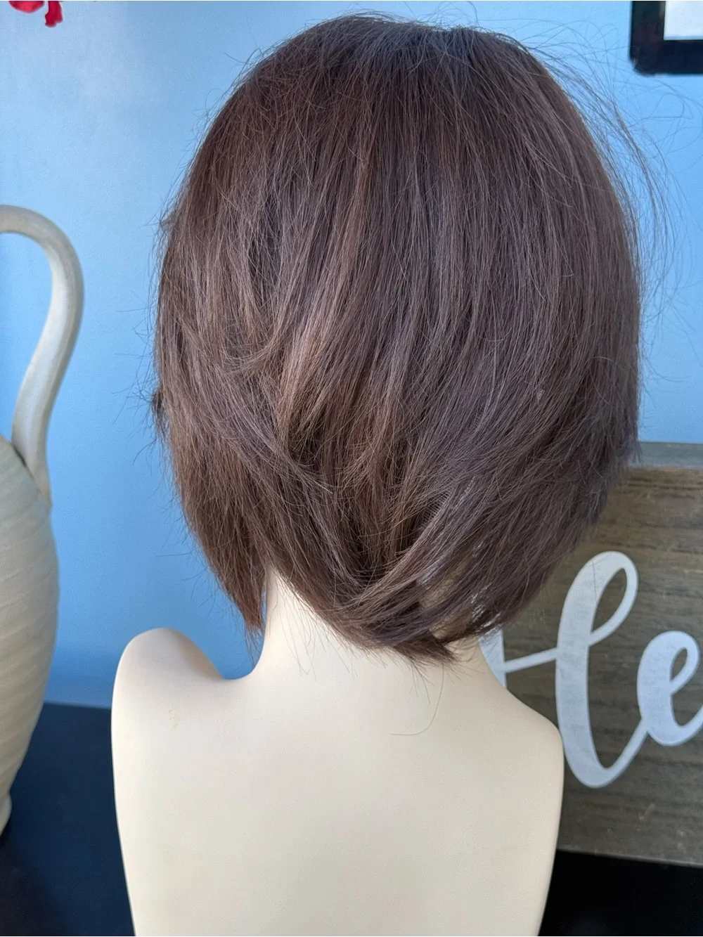 Human hair topper, medium brown color, bob style